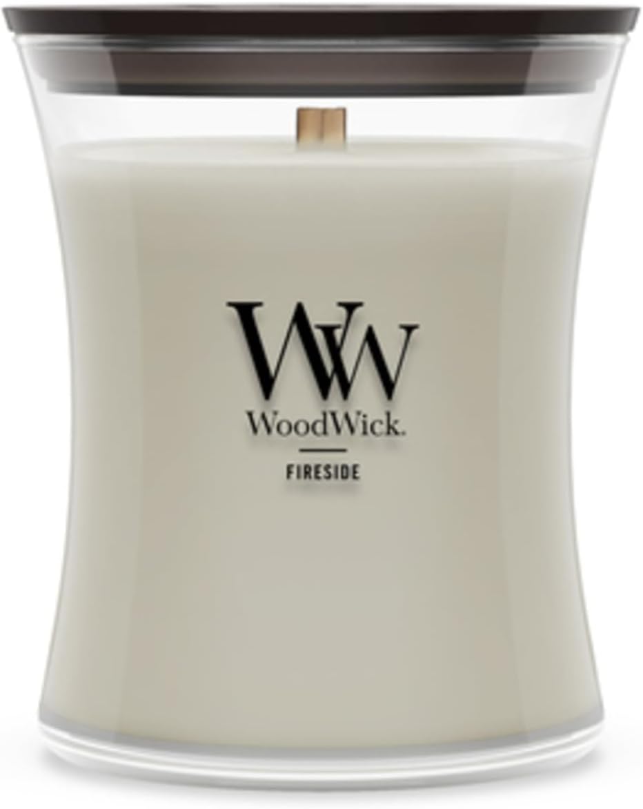 WoodWick Fireside scented candle in an hourglass jar with a wooden lid