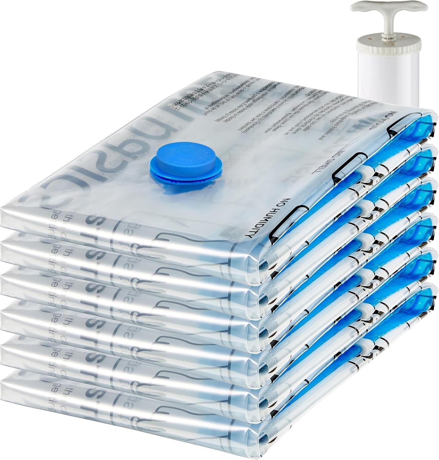 Stack of Amazon Basics jumbo vacuum storage bags with a hand pump