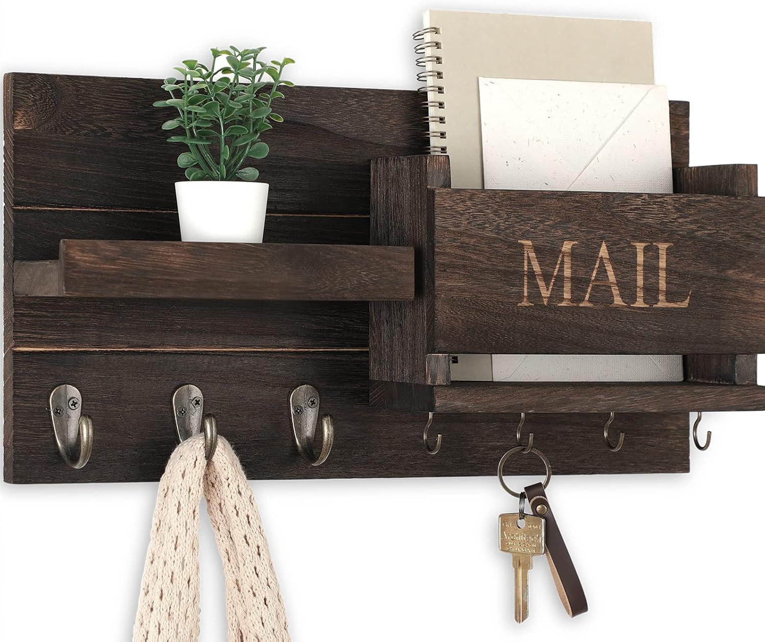 Lwenki dark stained wood wall mail organizer with shelf, key hooks and coat hooks