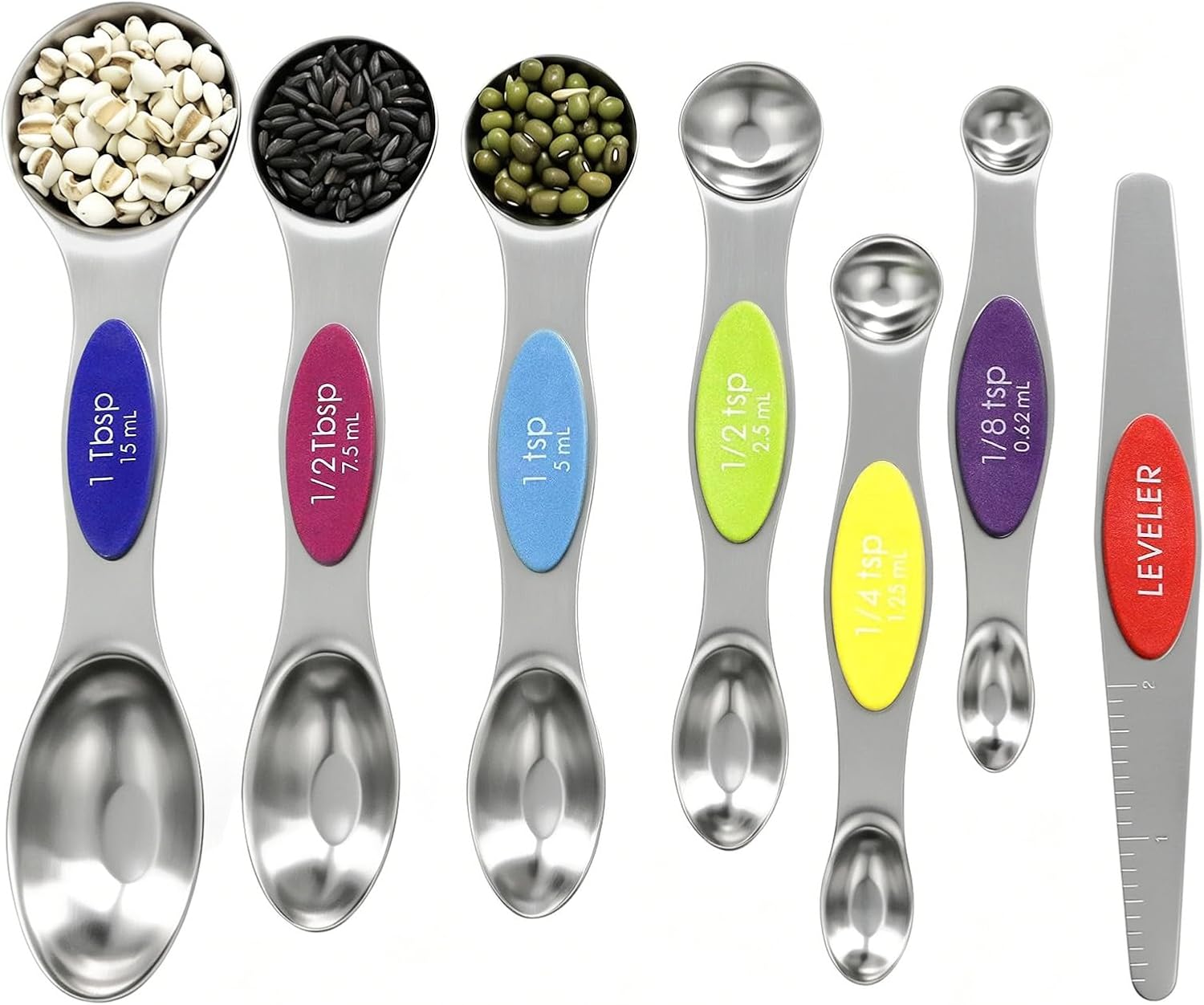 Multicolor magnetic stainless steel measuring spoons set with leveler