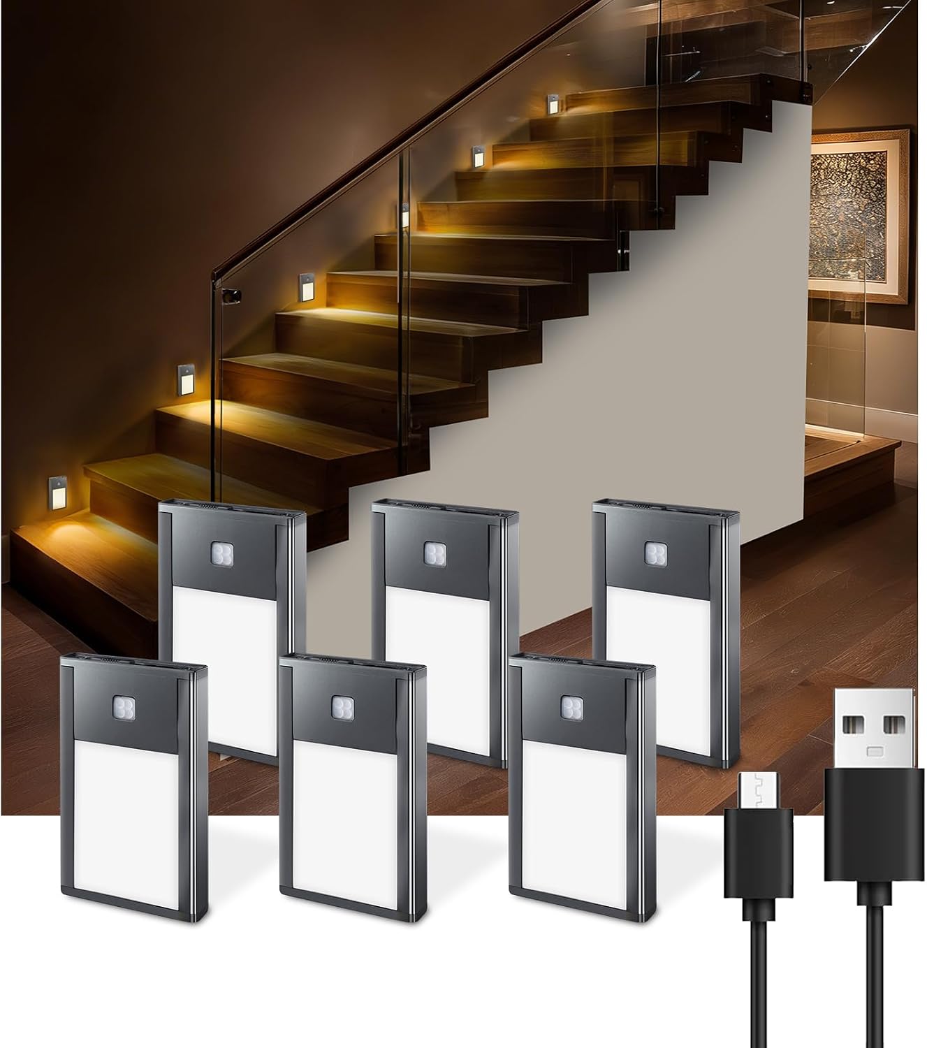 VST motion sensor step night lights glowing warm white along a staircase
