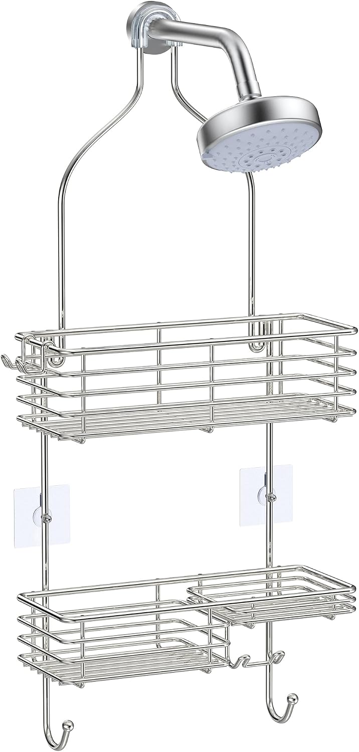 SMARTAKE silver hanging shower head caddy with two shelves and hooks
