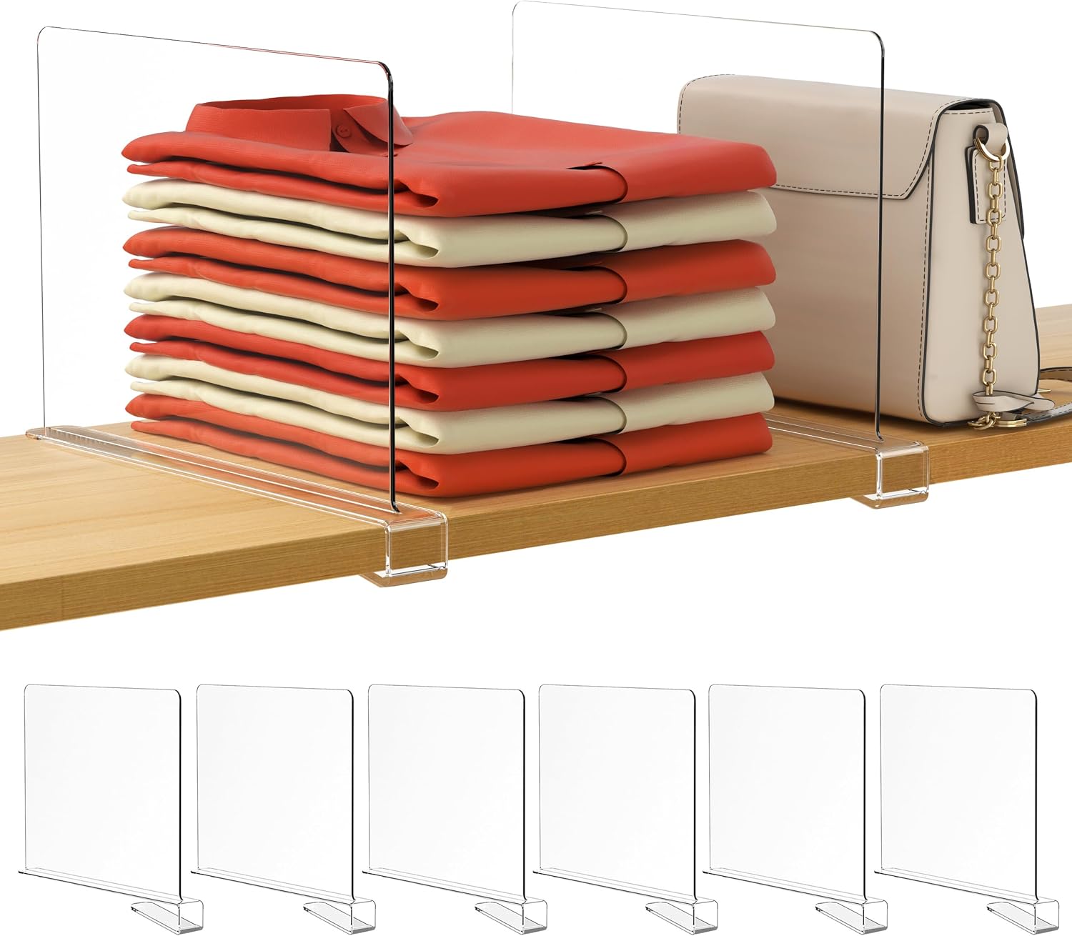 HBlife clear shelf dividers separating folded sweaters and a purse on a closet shelf
