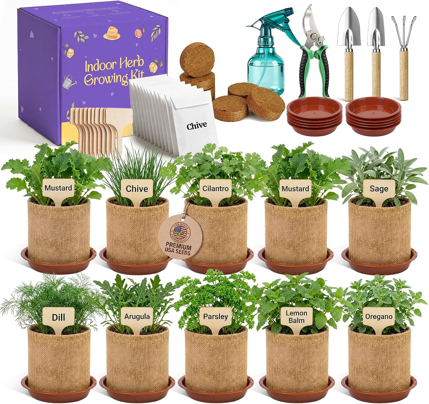 Ten herb indoor garden kit with jute pots, labels, soil discs and tools