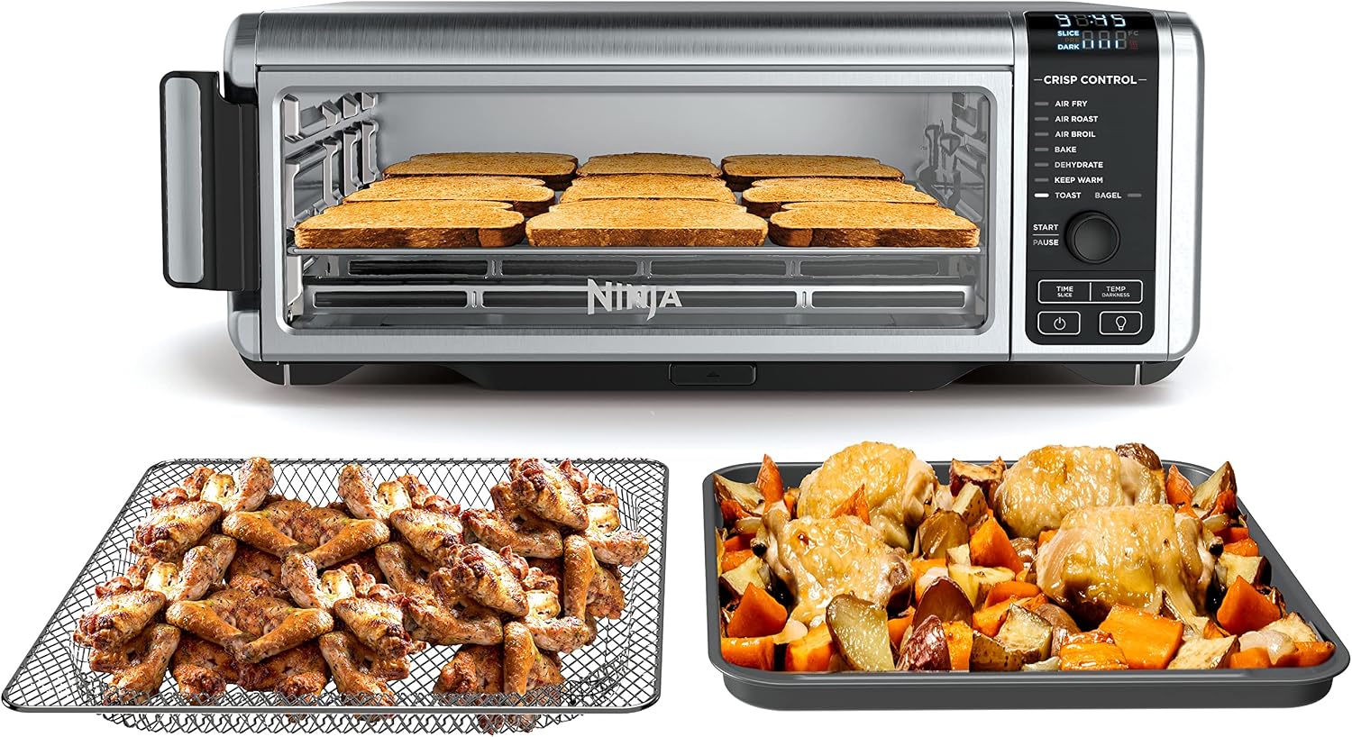 Ninja digital air fry countertop oven in silver with trays of roasted food